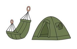 tent en hangmat voor camping. buitenshuis levensstijl. huis in natuur. toerisme, reis, avontuur, vakantie, vakantie concept. hand getekend illustraties. vector