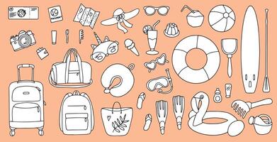 hand- getrokken reeks van zomer vakantie elementen, bagage en het baden accessoires. reizen element getrokken in tekening stijl. illustratie voor banier, achtergrond, insigne, logo ontwerp. vector