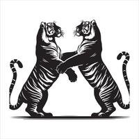 twee tijgers Aan hun achter poten, zwart kleur silhouet vector