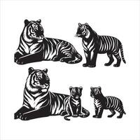 tijger familie set, zwart kleur silhouet vector