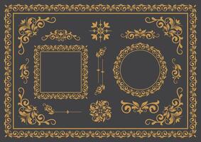 reeks van gouden wijnoogst ornament met grens, kader, kroon, hoek, mandala en luxe elementen, geschikt voor wijnoogst ontwerp of bruiloft uitnodiging kaart vector