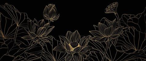 luxe lotus bloem achtergrond . elegant goud lotus bloem, blad lijn kunst Aan zwart achtergrond. Japans en Chinese illustratie ontwerp voor decor, behang, banier, verpakking. vector