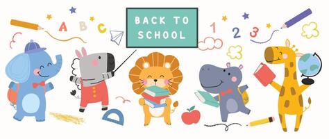 terug naar school- concept dier set. verzameling van aanbiddelijk dieren in het wild, olifant, zebra, leeuw, nijlpaard, giraffe. school- met grappig dier karakter illustratie voor groet kaart, kinderen, onderwijs. vector