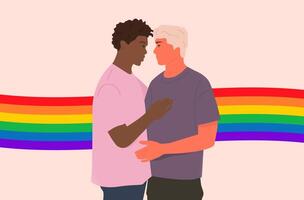 twee homo mannen zijn knuffelen in voorkant van een regenboog vlag vector