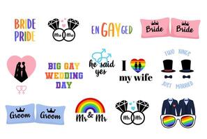 een verzameling van lgbt bruiloft stickers en andere items vector