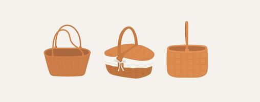 drie verschillend types van rieten picknick manden vector