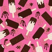 patroon met ijs room ijscoupe in chocola glazuur met noten Aan een stok Aan een roze achtergrond vector