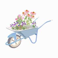 blauw tuin kar met ingemaakt bloemen allium, viooltje, echinacea, calla vector