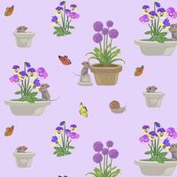 voorjaar patroon met muizen, vlinders, slak en allium bloemen en viooltjes Aan Purper achtergrond vector