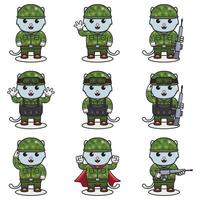 schattig kat soldaat in camouflage uniform. tekenfilm grappig kat soldaat karakter met helm en groen uniform in verschillend posities. vector