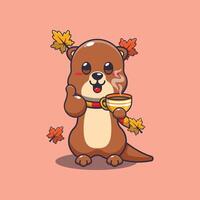 schattig Otter met koffie in herfst seizoen vector