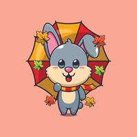 schattig konijn met paraplu Bij herfst seizoen. mascotte tekenfilm illustratie geschikt voor poster, brochure, web, mascotte, sticker, logo en icoon. vector