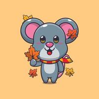 schattig muis Holding herfst blad. vector