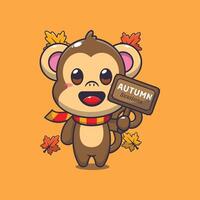 schattig aap met herfst teken bord. vector