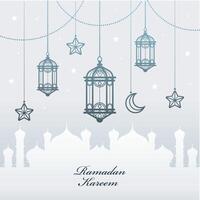 Ramadan kareem groet kaart Arabisch vrij hand- schrijven met een modern lantaarn en sterren speciaal voor Ramadan wensen en ontwerp vector