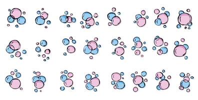 water bubbel. schets lucht zeep. schetsen schuim tekening. reeks van bad effect geïsoleerd Aan wit. aqua roze blauw fonkeling, tekening zuiver schoon onderwater- gas- vector