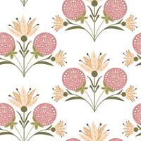 retro naadloos patroon met abstract symmetrisch bloemen samenstelling in volk stijl in gedempt kleuren. botanisch fantasie vlak illustratie in boho stijl voor bruiloft. afdrukken ontwerp voor textiel of behang vector