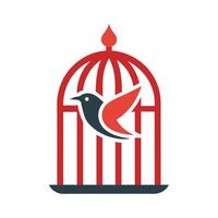 vogel ingesloten in een rood en wit vogelkooi, een schoon en gemakkelijk ontwerp met een vogel kooi, minimalistische logo vector