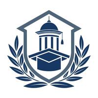 blauw en wit kam met een gebouw in de achtergrond, symboliseert verfijning en erfenis, een subtiel, geavanceerde logo incorporeren symbolen van hoger onderwijs vector