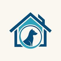 een hond is binnen een houten hond huis, een abstract vertegenwoordiging van een huis met een huisdier binnen, minimalistische logo vector