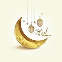 3d gouden eid festival maan en lamp decoratie achtergrond vector