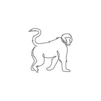 een doorlopende lijntekening van wandelende baviaan voor de identiteit van het logo van de instandhoudingsjungle. primaat dier mascotte concept voor nationaal park icoon. moderne enkele lijn grafisch tekenen ontwerp vectorillustratie vector