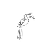 een doorlopende lijntekening van schattige grote neushoornvogel voor de identiteit van het bedrijfslogo. grote snavel vogel mascotte concept voor nationaal natuurpark icoon. moderne enkele lijn tekenen ontwerp vectorillustratie vector