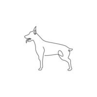 enkele doorlopende lijntekening van onstuimige doberman-hond voor de identiteit van het beveiligingsbedrijflogo. rasechte hond mascotte concept voor stamboom vriendelijk huisdier icoon. moderne één lijn tekenen ontwerp vectorillustratie vector
