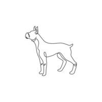 enkele lijntekening van dappere bokserhond voor de identiteit van het beveiligingsbedrijflogo. rasechte hond mascotte concept voor stamboom vriendelijk huisdier icoon. moderne doorlopende lijn tekenen ontwerp vectorillustratie vector