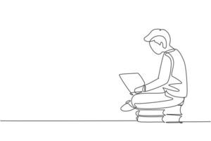 enkele doorlopende lijntekening jonge man studeren met laptop en zittend op stapel boeken. terug naar school, intelligente student, online onderwijs. een lijn tekenen grafisch ontwerp vectorillustratie vector