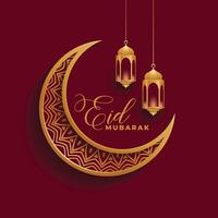 eid mubarak 3d maan en lampen achtergrond vector