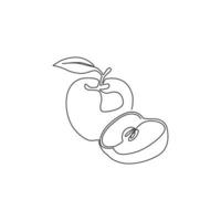 een doorlopende lijntekening gesneden en hele gezonde appels biologisch voor boomgaardlogo. vers tropisch fruitconcept voor fruittuinpictogram. moderne enkele lijn tekenen grafisch ontwerp vectorillustratie vector