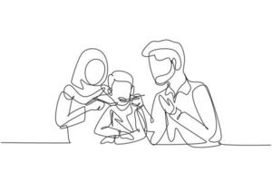 enkele doorlopende lijntekening arabische familie die samen plezier heeft in restaurant. ouders voeden hun jongen met liefde. gelukkig klein familieconcept. dynamische één lijn trekken grafisch ontwerp vectorillustratie vector