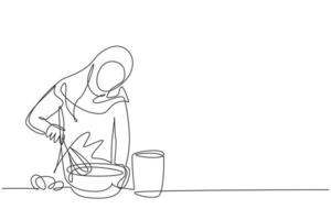 continue één lijntekening arabische vrouw praat op smartphone tijdens het bereiden van het diner in een gezellige keuken en kneed cakedeeg met behulp van handmatige handmixer. enkele lijn tekenen ontwerp vector grafische afbeelding