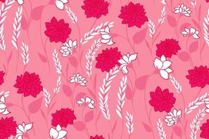 zomer bloeiend wild weide naadloos patroon Aan een roze achtergrond. abstract artistiek takken met bloemen, klein knoppen, klein bladeren afdrukken. hand- getrokken sjabloon voor ontwerp vector