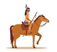 inheems Amerikaans Indisch krijger met een speer rijden paard. ruiter in traditioneel kostuum. vector