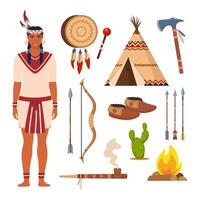 inheems Amerikaans indianen en traditioneel kleren set, wapens en cultureel symbolen. boog, pijlen, tamboerijn, wigwam, mocassins, tomahawk, vrede pijp. vector
