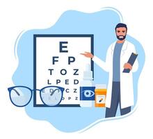 oogheelkunde icoon samenstelling. bril, oog druppels, contact lenzen, test tafel met brieven voor oog inspectie. visie correctie. oogheelkunde concept. vector
