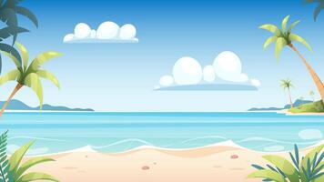 zee en zanderig strand met palm bomen. tekenfilm achtergrond, zomer illustratie vector