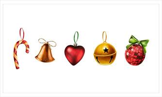 waterverf Kerstmis glimmend ballen, speelgoed en gouden klokken illustraties Aan linten. nieuw jaar hand- geschilderd symbool geïsoleerd Aan wit achtergrond. voor ontwerpers, decoratie, winkel, voor ansichtkaarten, omhulsel p vector