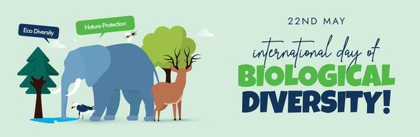 Internationale dag van biologisch verscheidenheid Hoes spandoek. 22e mei 2024 Internationale biodiversiteit dag viering Hoes banier met olifant, hert, bloemen, bomen, vogelstand Aan licht groen achtergrond. vector