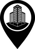 een zwart en wit plaats pin met een gebouw in het, kaart markeerstift vector