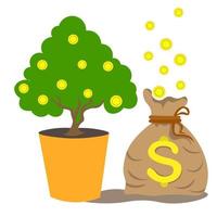 de geldboom in een oranje pot met gouden munten, er is een zak geld aan de zijkant. concept van investeringen en sparen, inkomen, groei van munten, geld, inkomsten. bovenste vectorillustratie. vector