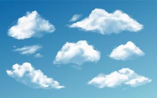 realistisch wolken. wit 3d transparant wolk in divers vormen. damp regenwolken, nacht de nevel vertroebelen geïsoleerd reeks vector