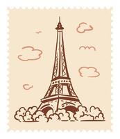 eiffel toren in Parijs Aan een port stempel. mijlpaal van Parijs. illustratie in tekening stijl vector