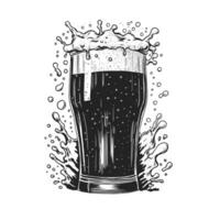 hand- getrokken glas van bier met plons en druppels. wijnoogst gravure illustratie voor web, poster, menu ontwerp, uitnodiging naar feest. illustratie geïsoleerd Aan wit achtergrond vector