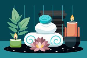 elegant spa instelling met lit kaarsen, bloemen, handdoeken. rustgevend welzijn terugtrekken voor ontspanning. concept van luxe Thais spa, kalmte, mildheid. grafisch illustratie. afdrukken, ontwerp element vector