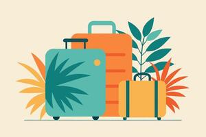 geïsoleerd koffers met tropisch palm bladeren. reizen bagage klaar voor vakantie. concept van vakantie, reizen versnelling, tropisch bestemming, reis. grafisch illustratie. afdrukken, textiel, ontwerp element vector