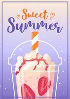 zoet zomer. aardbei cocktail met geslagen room. geslagen room, BES topping. voor menu, cafe, folder, banier, ansichtkaarten, banners voor uitverkoop. vector