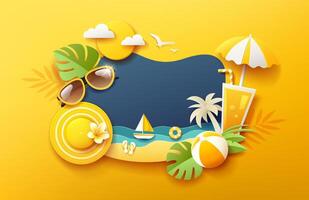 zomer vakantie plezier, met tropisch groen blad Aan zee strand, papier besnoeiing concept ontwerp Aan geel achtergrond vector